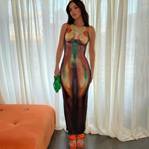 Printed slim fit round neck sleeveless dress