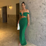 Suspended strapless, slim fitting, pleated, split half skirt set
