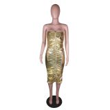 One shoulder color gold sexy tight fitting dress