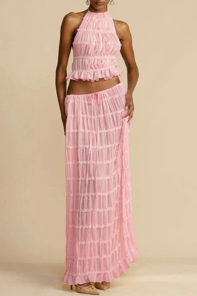 Open back hanging neck strap pleated lace lace lace vest long skirt set