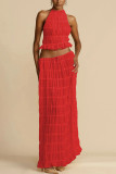 Open back hanging neck strap pleated lace lace lace vest long skirt set