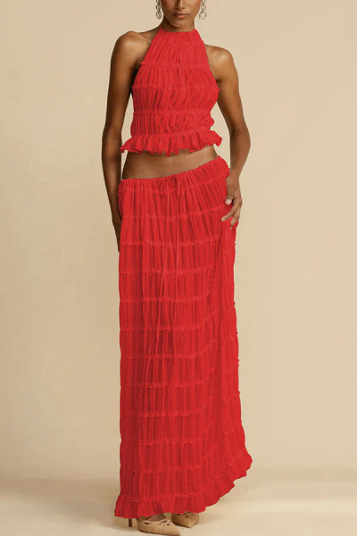 Open back hanging neck strap pleated lace lace lace vest long skirt set