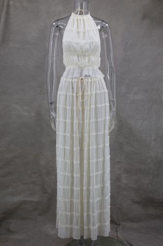 Open back hanging neck strap pleated lace lace lace vest long skirt set