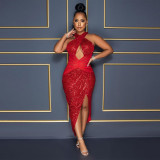 Irregular neck hanging dress with beads