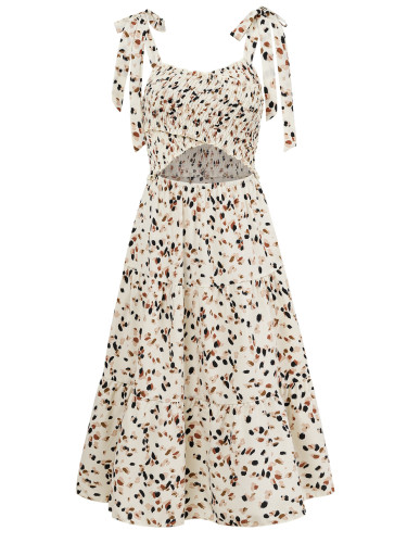Printed, looped, hollowed out and tied shoulder strap dress