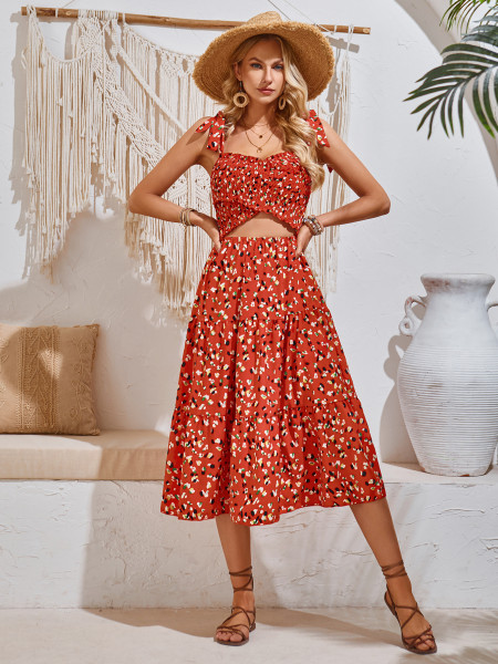 Printed, looped, hollowed out and tied shoulder strap dress