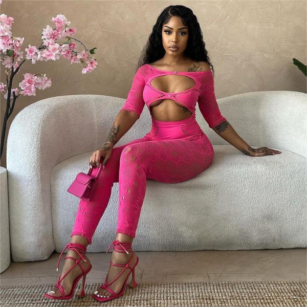 Round necked hollow short sleeved lace integrated knitted short sleeved jumpsuit