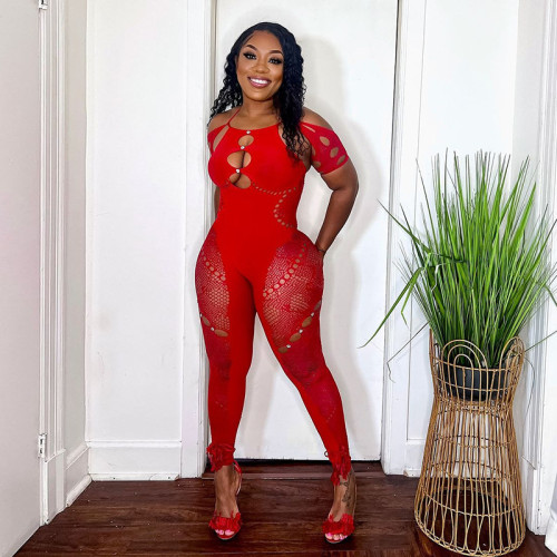 Hanging neck, sleeveless, hollowed out, diamond attached high waisted lace jumpsuit
