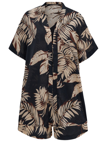 Printed casual vacation style cardigan shorts set