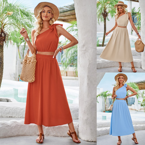 Solid color slanted shoulder waist up dress set