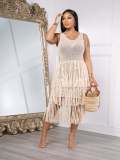 Round necked sleeveless knitted mesh tassel perspective dress