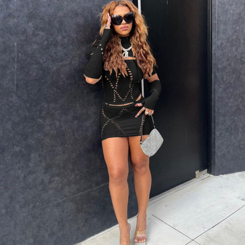 Nailed diamond high neck patchwork hole long sleeved low waisted ultra short dress