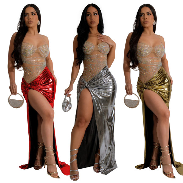 Hanging strap wrapped hip high slit hot diamond perspective dress