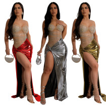 Hanging strap wrapped hip high slit hot diamond perspective dress Hanging strap wrapped hip high slit hot diamond perspective dress