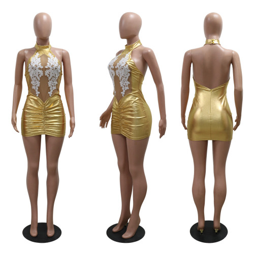 Round necked sleeveless transparent mesh wrap buttocks dress