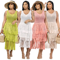 Round necked sleeveless knitted mesh tassel perspective dress