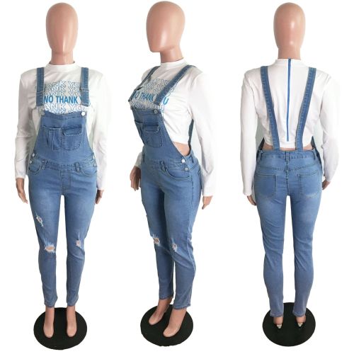 Perforated jeans with shoulder straps