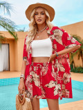 Printed casual vacation style cardigan shorts set