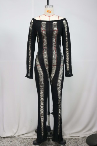 Hollow and perforated open back knit wrap buttocks slim fit jumpsuit