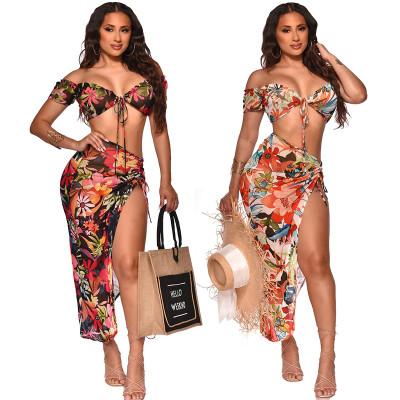 Printed lace up high slit half skirt beach skirt set