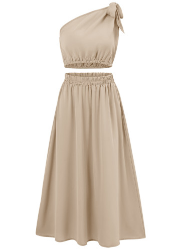 Solid color slanted shoulder waist up dress set