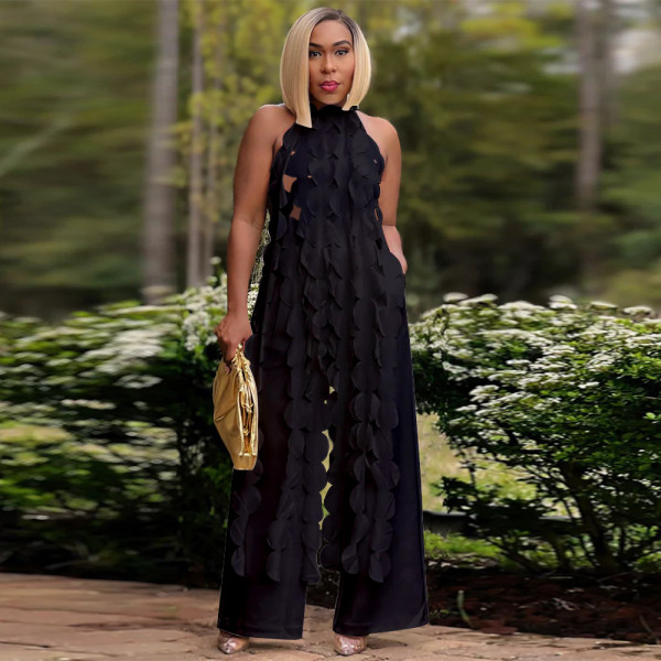 Open back lace up long top wide leg pants set