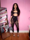 Round necked hollow short sleeved lace integrated knitted short sleeved jumpsuit