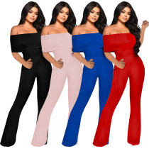 Straight shoulder solid color jumpsuit with waistband