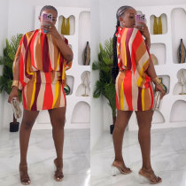 Colorful striped printed tie bat sleeve wrap buttocks dress