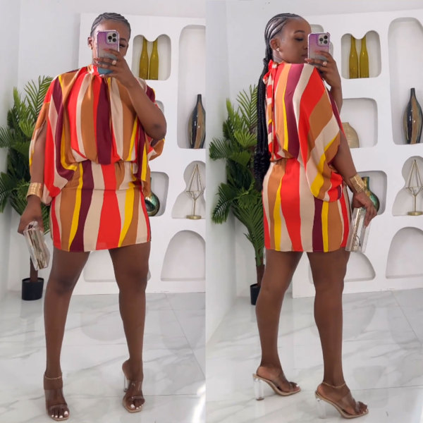 Colorful striped printed tie bat sleeve wrap buttocks dress
