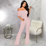 Straight shoulder solid color jumpsuit with waistband