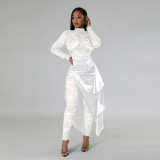Women's sexy lace jumpsuit with imitation silk skirt set