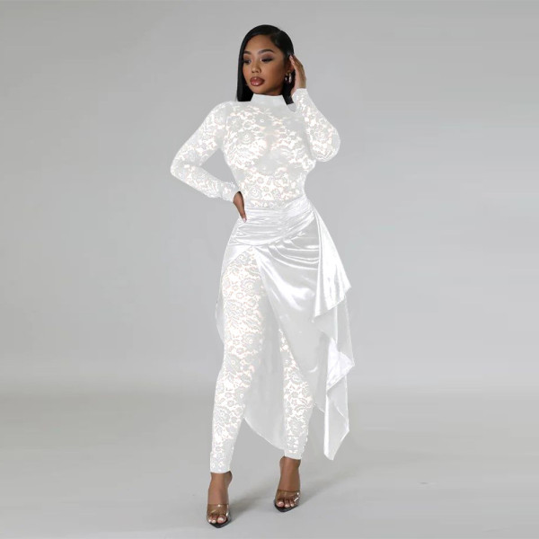 Women's sexy lace jumpsuit with imitation silk skirt set