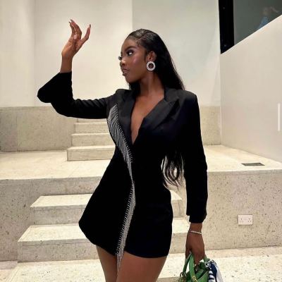 Flip collar, waist up, shiny tassel black suit jumpsuit