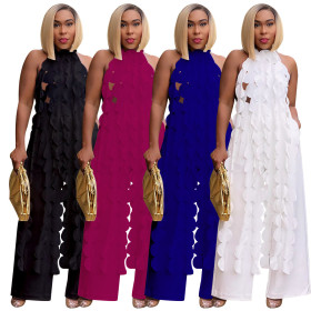 Open back lace up long top wide leg pants set