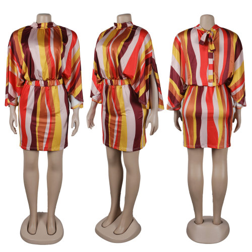 Colorful striped printed tie bat sleeve wrap buttocks dress