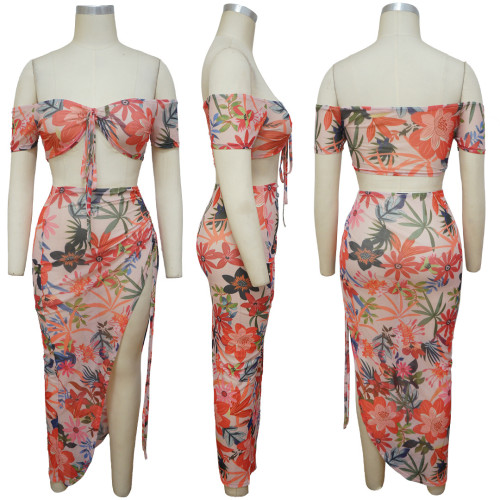 Printed lace up high slit half skirt beach skirt set
