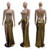 Hanging strap wrapped hip high slit hot diamond perspective dress