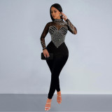 Women's solid color mesh hot diamond long sleeved pants jumpsuit