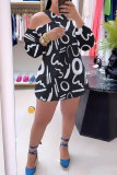 Printed Colorful Hollow Off Shoulder Cross Collar Short Dress