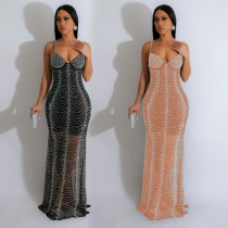 Women's solid color mesh hot diamond strap long skirt dress