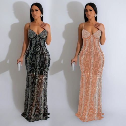 Women's solid color mesh hot diamond strap long skirt dress