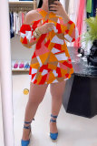 Printed Colorful Hollow Off Shoulder Cross Collar Short Dress