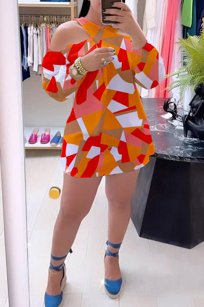 Printed Colorful Hollow Off Shoulder Cross Collar Short Dress