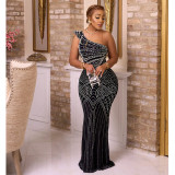 Women's solid color hot diamond diagonal collar long dress