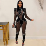 Women's solid color mesh hot diamond long sleeved pants jumpsuit