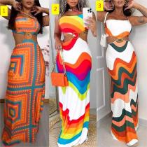 Printed patchwork backless hollow elastic neck hanging long dress