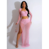 Women's solid color mesh hot diamond long sleeved skirt two-piece set