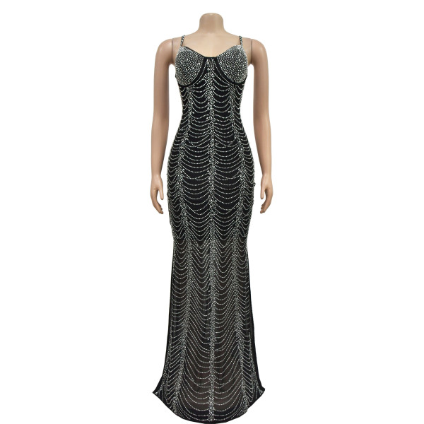 Women's solid color mesh hot diamond strap long skirt dress