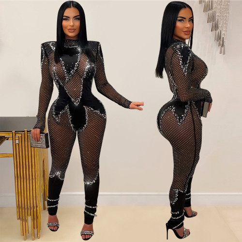 Women's solid color mesh hot diamond long sleeved pants jumpsuit